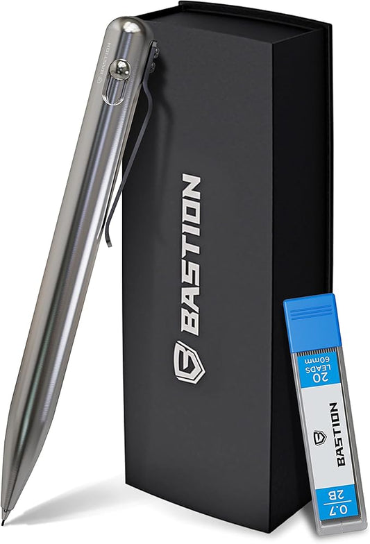 BASTION® Luxury Mechanical Pencil, Professional Medium Point Pencil for Birthday Gift includes 20 x 0.77mm Lead Refills - Stainless Steel