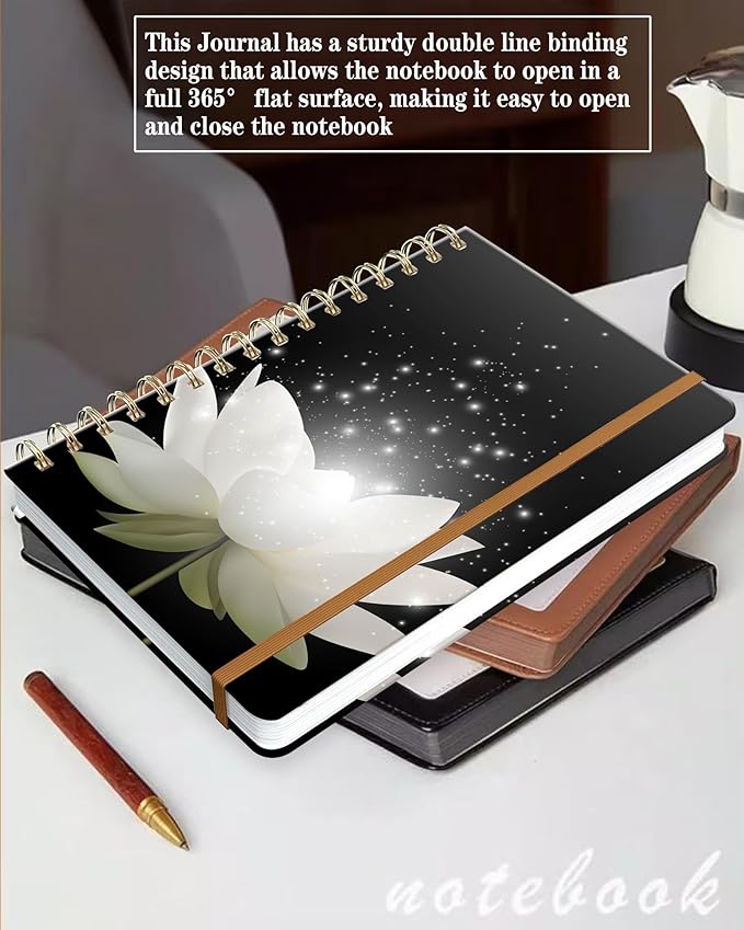 Spiral Journal Notebook for Women, Hardcover A5 College Ruled Notebook, 120 Pages, Thick Paper, Cute Lined Journal for School, Office & Work, 6 x 8.4 in(Magic White Lotus Flower)