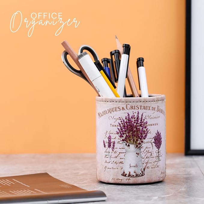 Pen Holder for Desk Cute, PU Leather Pen Stand for Cosmetics Office Supplies, Gifts for Back to College, Retro Purple Lavender PH85