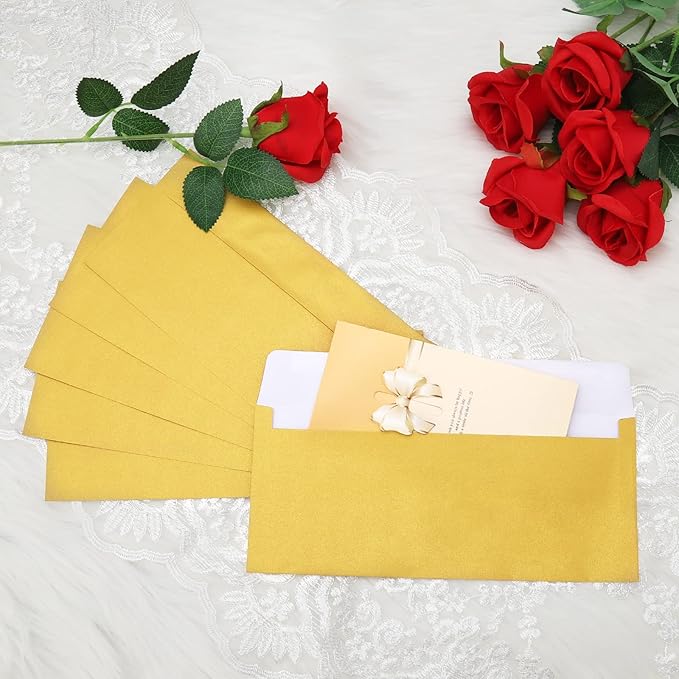 100 Pack Metallic Gold Envelopes #10 Business Envelopes 4-1/8 x 9-1/2 Self adhesive Mailing Envelopes for Office, Business Letterhead, Invoices, Personal Mailing, Letters, Unique Invitations
