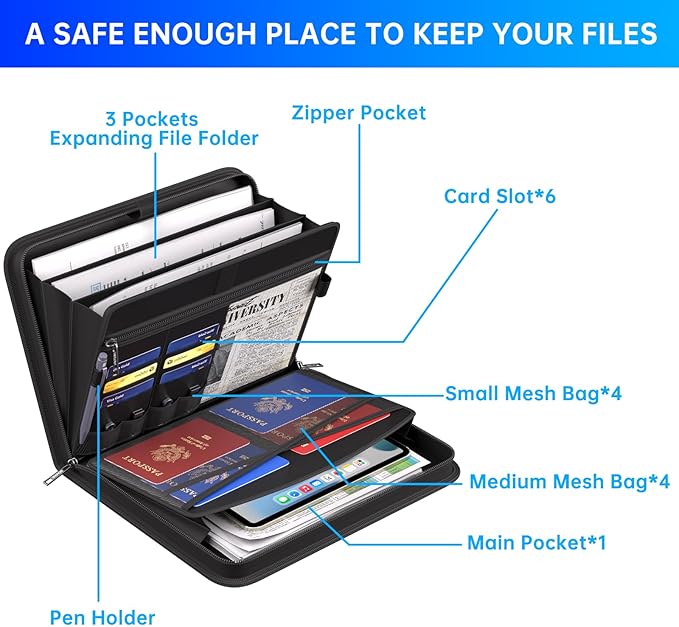 ENGPOW Document Organizer Folder,Fireproof Expanding File Folder with Multi Pockets,3 Pockets File Organizer with Handle,Portable Home Travel Safe Storage for Important Documents,Passport,Laptop