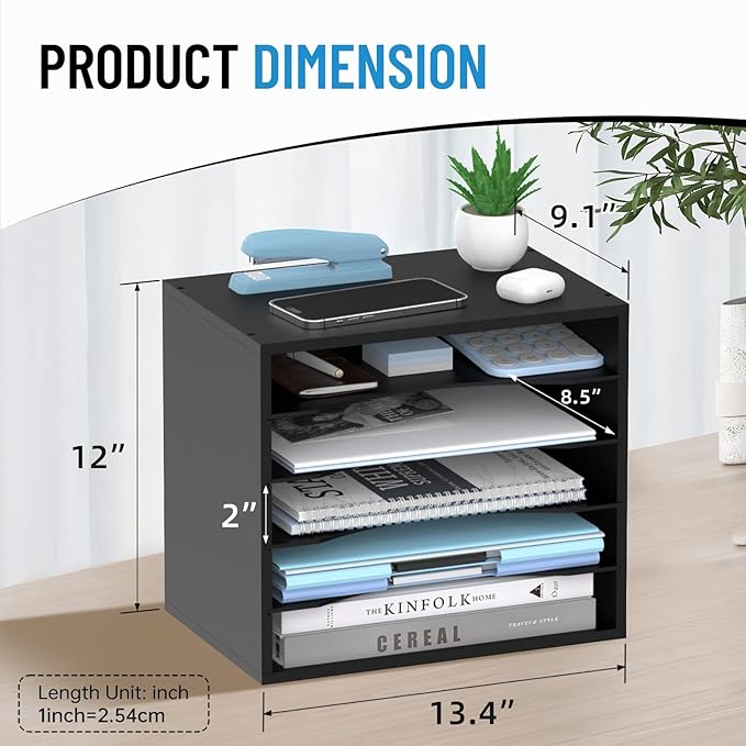 5-Tier Wood Desk Organizer, Paper Tray Organizer for Desk with Adjustable Storage Shelves, Desktop Paper Sorter Mail Holder for Office Home Classroom, Black