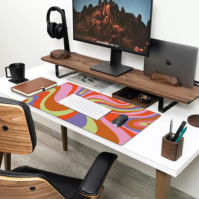 Large Gaming Mouse Pad for Desk, Retro Hippie Colorful Wave Patterns Desk Mat for Desktop, Non-Slip Rubber Base Stitched Edges Long Computer Keyboard Mouse Mat Desk Pad for Home Office 35.4"X15.7"