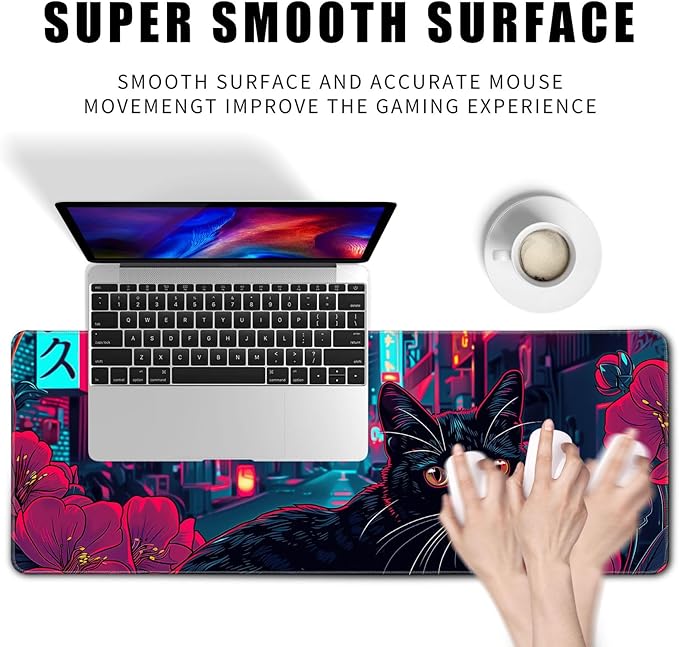 Japanese Black Cat Mouse Desk Pad Kawaii Red Anime Desk Mat Desk Decor Large Gaming Mouse Pad for Tokyo Neon Desk Mousepad Computer Office Keyboard Laptop Big Floral Mouse Pad Xl-31.5x11.8 in