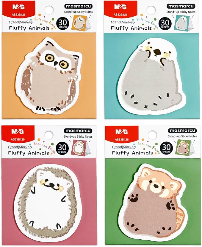 M&G Puffy Animal Sticky Notes, 4 Pads 120 Sheets, 3 x 2 Inch Cute Cartoon Memo Pads, Foldable Stand Self-Stick Notes for School Office Home