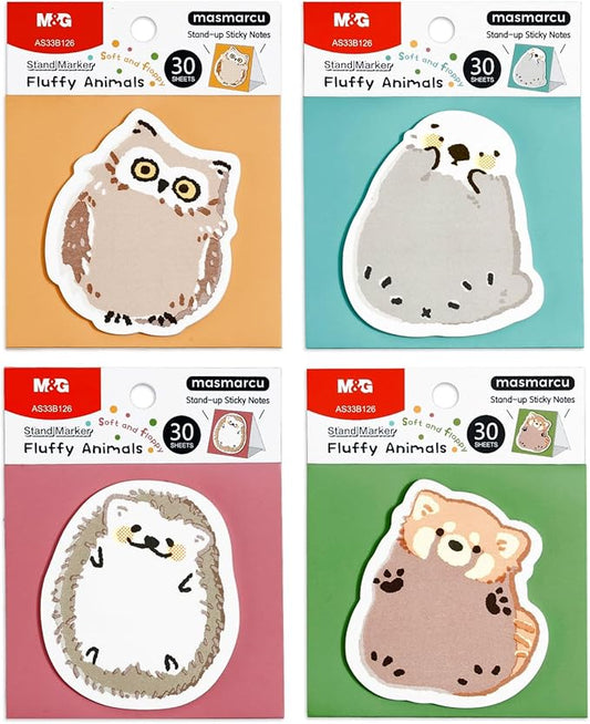 M&G Puffy Animal Sticky Notes, 4 Pads 120 Sheets, 3 x 2 Inch Cute Cartoon Memo Pads, Foldable Stand Self-Stick Notes for School Office Home