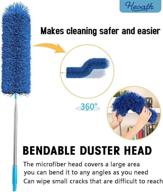 HEOATH Microfiber Feather Duster with Extendable Pole, 100 inches Extra Long Cobweb Duster for Cleaning, Bendable Head, Non-Scratch, Washable Duster for Ceiling, Fan, Furniture Blue