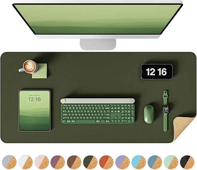 YSAGi Double-Sided Desk Pad, 31.5"x15.7" Leather Desk Mat, Eco Cork Desk Pad Protector,Large Mouse Pad,Waterproof Desk Blotter for Office/Home (Dark Green/Cork)