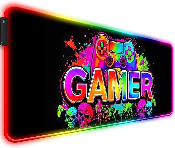 RGB Retro Black Gamer Gaming Desk Mat, Computer Keyboard Large Extended Long LED Mouse Pad for Office and Home, XL (W21)