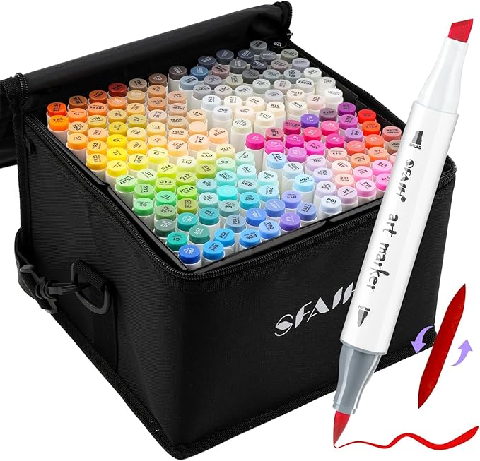 SFAIH Alcohol Markers Brush & Chisel - 168 Colors Double Tipped Art Markers for Adult Coloring Illustration, Gifts for Artist Adult - Adjustable Shoulder Strap & Faux Leather Lining & Outer Zip Pocket