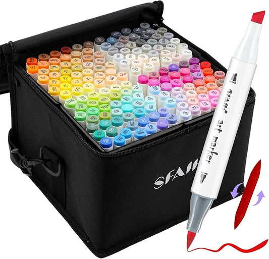 SFAIH Alcohol Markers Brush & Chisel - 168 Colors Double Tipped Art Markers for Adult Coloring Illustration, Gifts for Artist Adult - Adjustable Shoulder Strap & Faux Leather Lining & Outer Zip Pocket