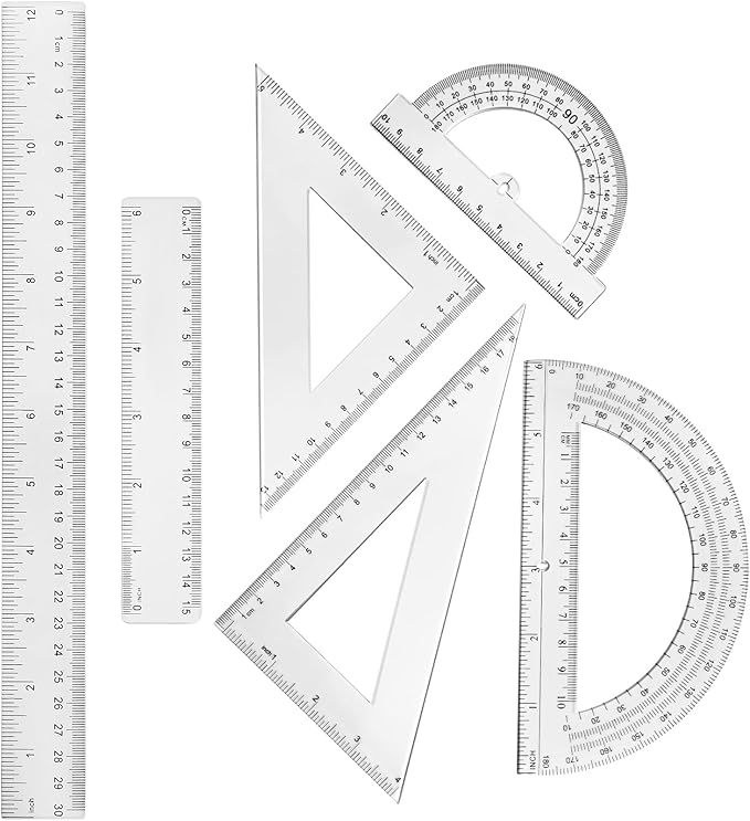 Tenare 6 Pcs Plastic Ruler Math Set Includes 12 Inch 6 Inch Straight Protractor Triangle Geometry Transparent Math Ruler Measuring Tools for School Office Home(Clear)