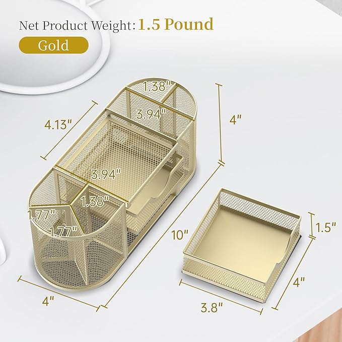 SUPEASY Mesh Desk Organizer, Desk Organizers and Accessories, Pen Holder with Drawers, Pencil Holder for Desk with 2 Drawer for Office Supplies, Golden yellow