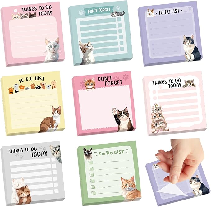 600Pcs Cat Sticky Notes, Funny Cat to Do List Notepad Cat Theme Self Stick Note Pads Cute Cat Memo Pads Kawaii Cartoon Animal Sticky Notes for Cat Lover Office Home School Supplies