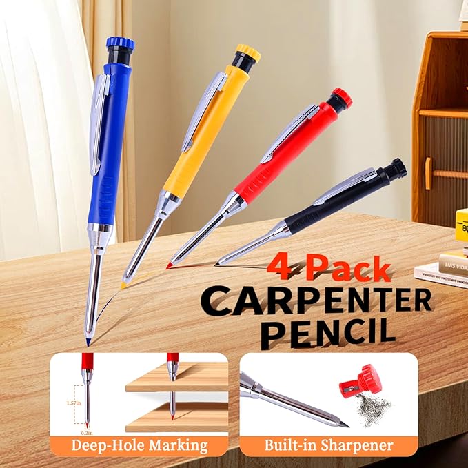 4 Pack Carpenter Pencil with Sharpener, Mechanical Pencils Set with 28 Refills, Construction Pencil Heavy Duty Woodworking Pencils (Red, Black, Yellow, Blue) Deep Hole Long Nib Marker Pens
