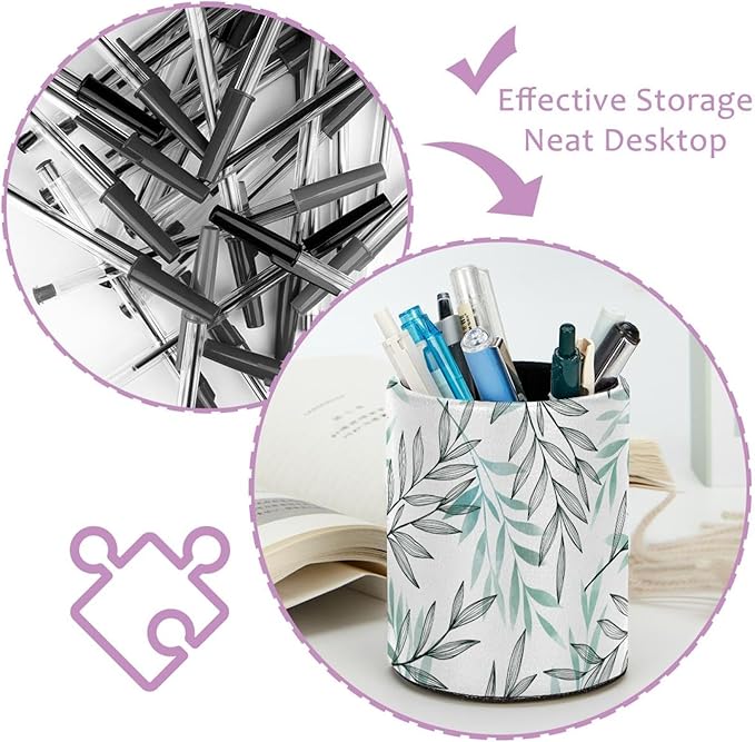 Pen Holder Gray Blue Leaves Pencil Holder for Desk Makeup Organizer Office Supplies for Home,Kids and School