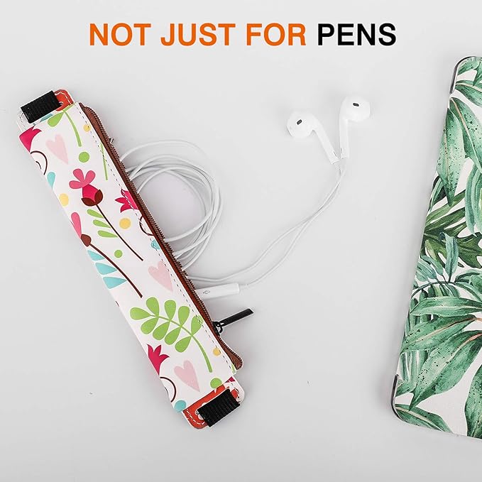 MoKo Pencil Case (2 Pack), PU Leather Pen Pencil Pouch Holder Stationery Zipper Bag with Elastic Strap for Pens, Pencils, Markers, Eraser - Printing & Dark Blue