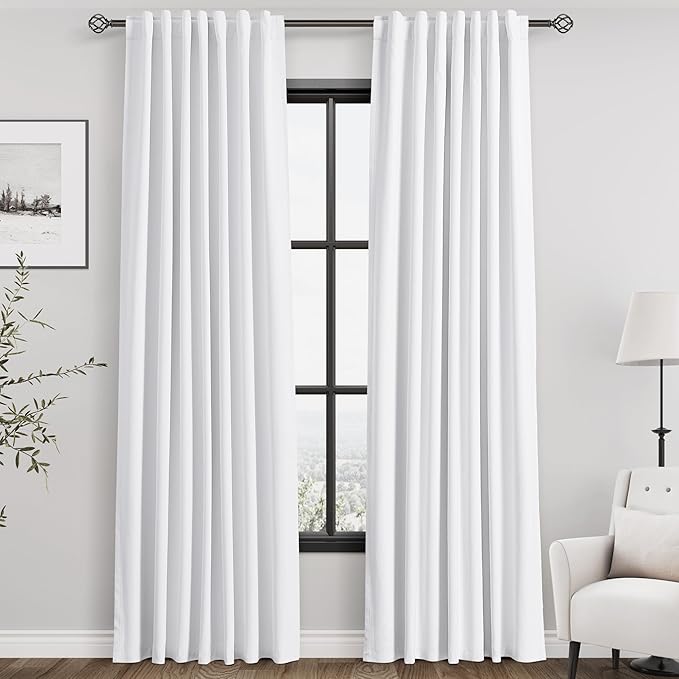 Full Blackout Linen White Curtains, 92 Inches Long for Living Room Patio Sliding Door Back Tab 100% Black Out Bedroom Curtains Pure White Elegant Modern Cosatal Window Curtain Panels Set of 2