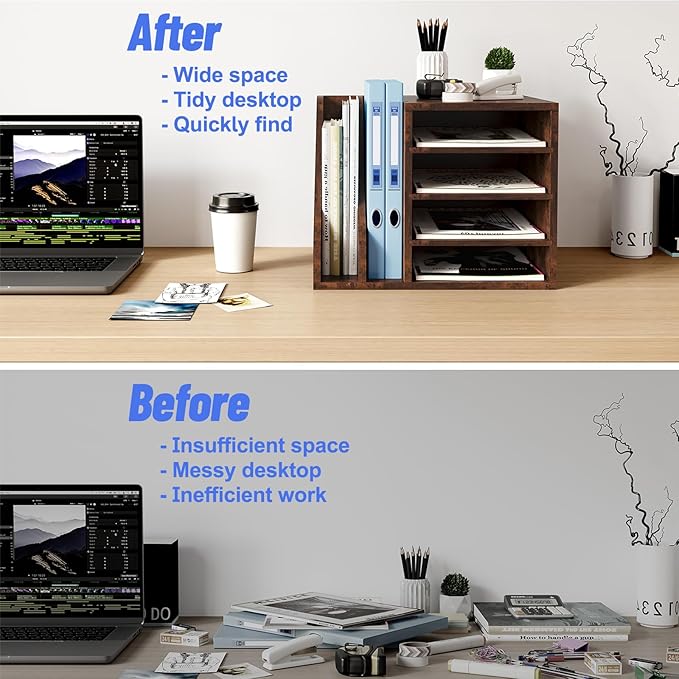 Wood Desk Organizer File Holder, Wooden Mail Organizer Countertop with Adjustable Compartments, Desktop File Organizer Paper Sorter for Home, Office and School, Envelope Organizer, Brown