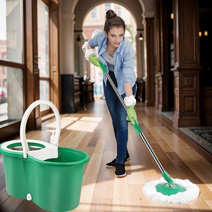 Spin Mop and Bucket with Wringer Set, 360° Spinning Mop Bucket System with 3 Microfiber Mop Replacement Heads Refills,56" Stainless Steel Extended Handle for Floor Cleaning Home Office (20QT) (Green)