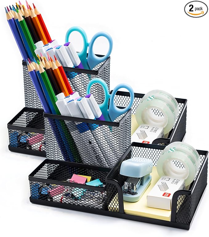 2 Pieces Black Mesh Pen Holder Desktop Organizers Pencil Holder for Desk 3 Compartments Metal Office Supply Organizer with Sticky Notes Holder forOffice Desk Accessories