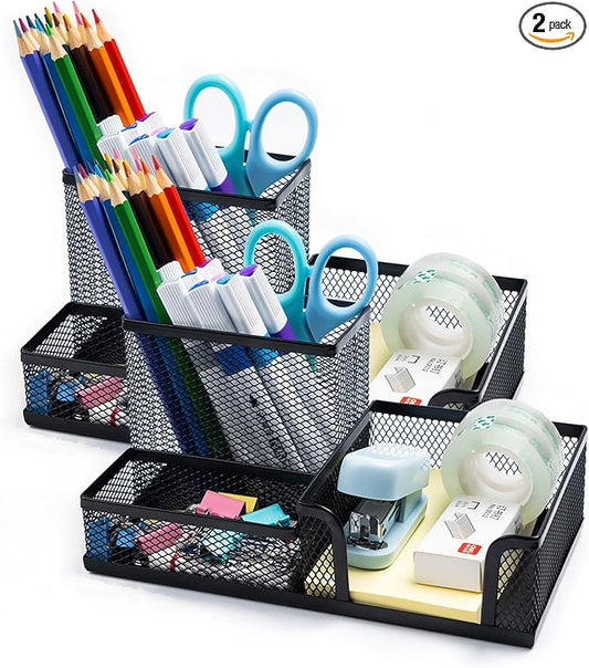 2 Pieces Black Mesh Pen Holder Desktop Organizers Pencil Holder for Desk 3 Compartments Metal Office Supply Organizer with Sticky Notes Holder forOffice Desk Accessories