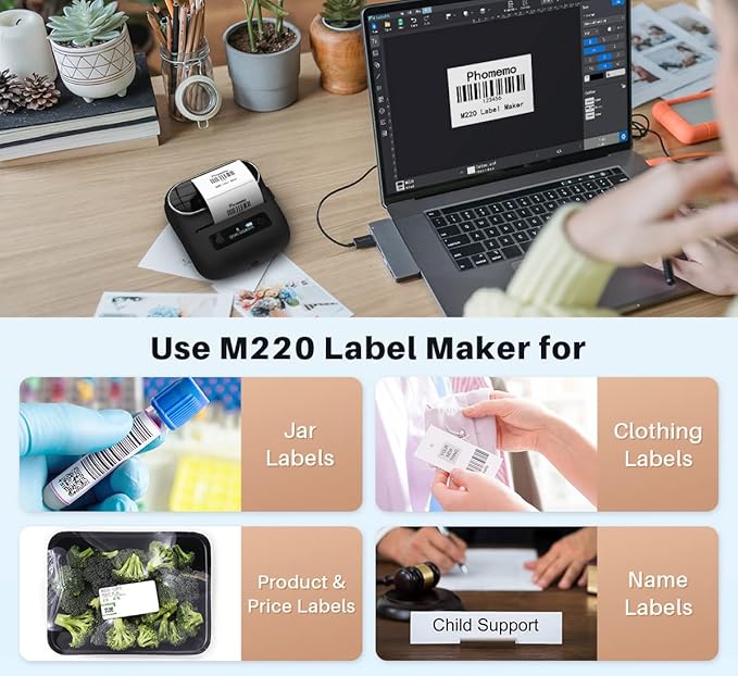 Phomemo M220 Label Maker, Bluetooth Printer, 3.14 Inch Portable Thermal Label Maker Machine for Barcode, Labeling, Organizing, Small Business, Compatible with iOS & Android, with 3 Label