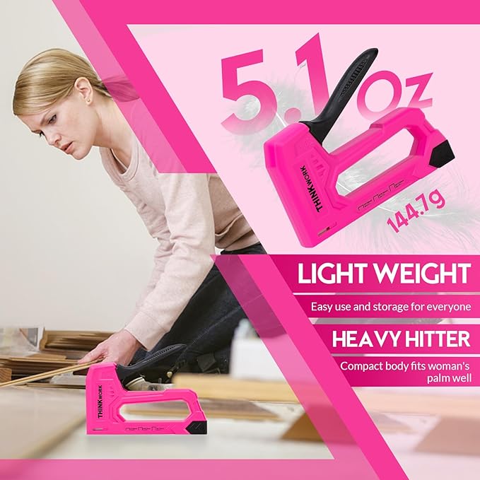THINKWORK Light Duty Staple Gun, Pink Upholstery Staple Gun for Wood with 1600pcs JT21 Staples 1/4", 5/16", 3/8" and Staple Remover, Women Fabric Stapler Gun for Crafts, Wall, Arts, DIY, Decoration
