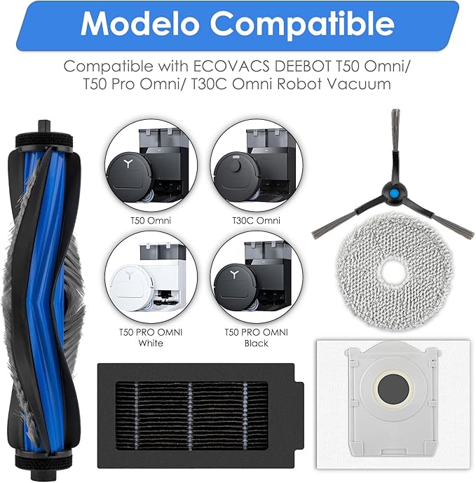 (21 Pack) T50 Pro Replacement Parts for ECOVACS DEEBOT T50 Pro/ T50 Omni/ T50 Pro Omni Robot Vacuum Cleaner, 1 Roller Brush, 6 Side Brushes, 5 Dust Bags, 5 HEPA Filters, 4 Mop Pads