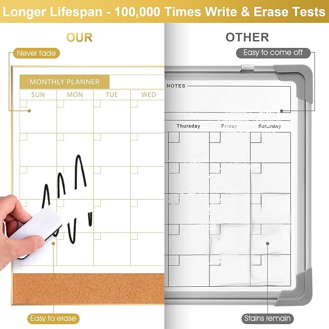 ARCOBIS Dry Erase Calendar Whiteboard Cork Board Combo, 24"x18" Magnetic White Board Calendar Dry Erase for Wall, Gold Frame Monthly Combination Board for Office, Home, School
