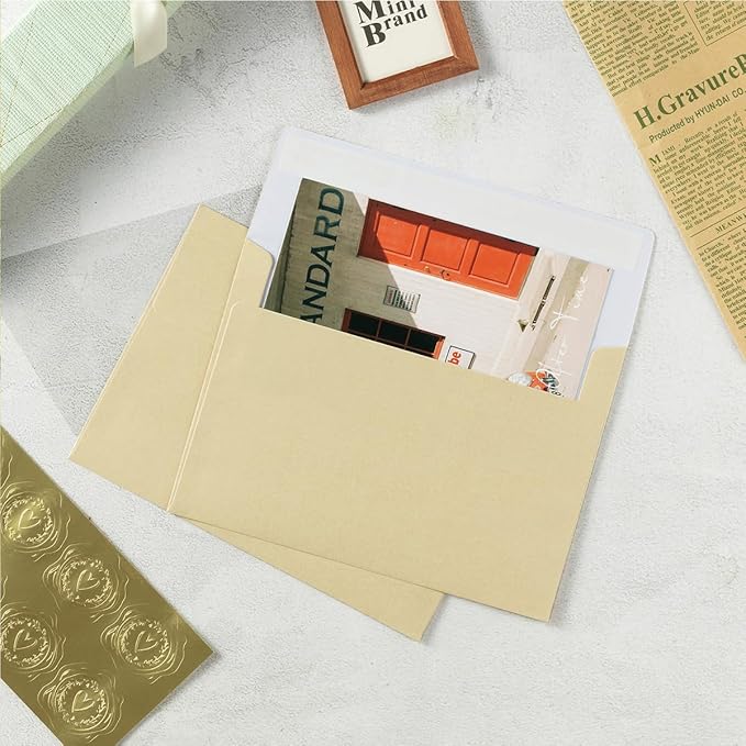Wishop 50 Pack Shiny Self-Adhesive Envelopes with Shiny Fold Cards for Wedding Invitations, Greeting Cards, Baby Shower, Letter Mailing (Cream Color, 5x7)