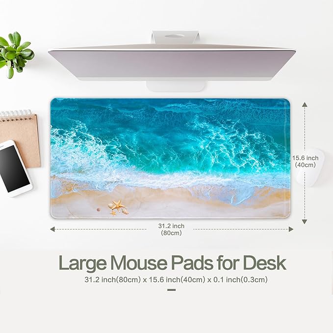 Blue Ocean Mouse Pad Desk Mat Starfish Beach Big Gaming Mouse Pad Anime Desk Pad Mousepad XXL Extended Keyboard Mat, Computer Laptop Mouse Mat for Work, Game, Office, Home, Waterproof, 31.5 x 15.7 in