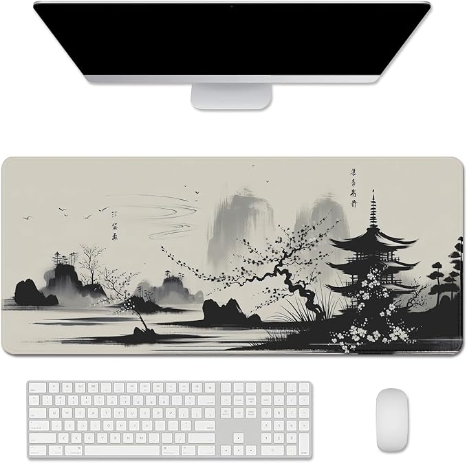 Ink Wash Sakura Mouse Pad Desk Mat,Cherry Blossoms Mouse Pad Japanese,Desk Mat for Keyboard and Mouse,Computer Pad,XL Mousepad with Stitched Edge Non-Slip Rubber Base for Office Home (27.5X11.8 in)