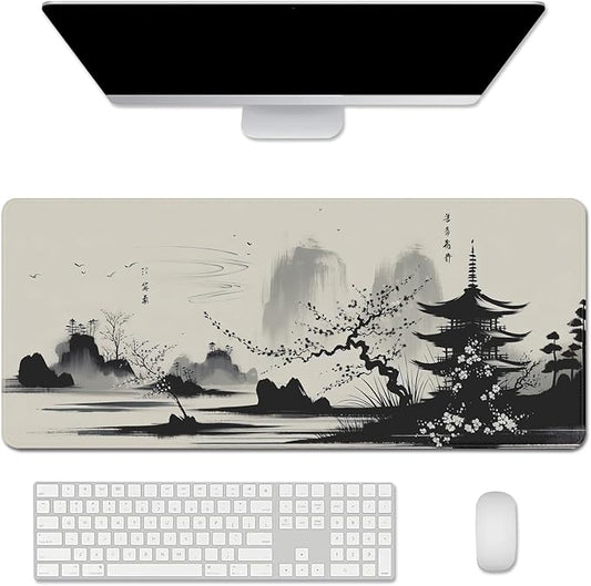 Ink Wash Sakura Mouse Pad Desk Mat,Cherry Blossoms Mouse Pad Japanese,Desk Mat for Keyboard and Mouse,Computer Pad,XL Mousepad with Stitched Edge Non-Slip Rubber Base for Office Home (27.5X11.8 in)