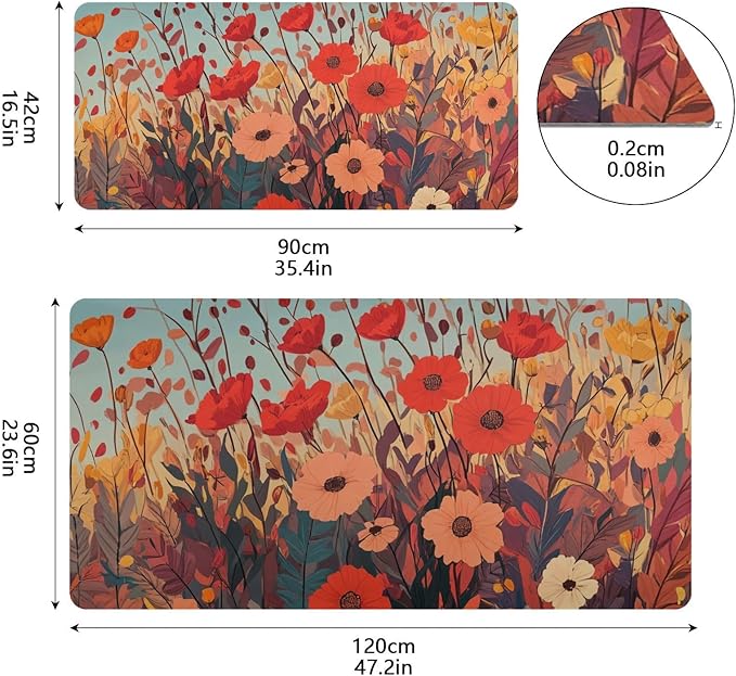 Mouse Pad Desk Mat Leather Desk Pad Large Gaming Desk Cover Protector Mat for Keyboard Computer Laptop Office Waterproof 35.4 x 16.5 Inch Autumn Poppy Flowers