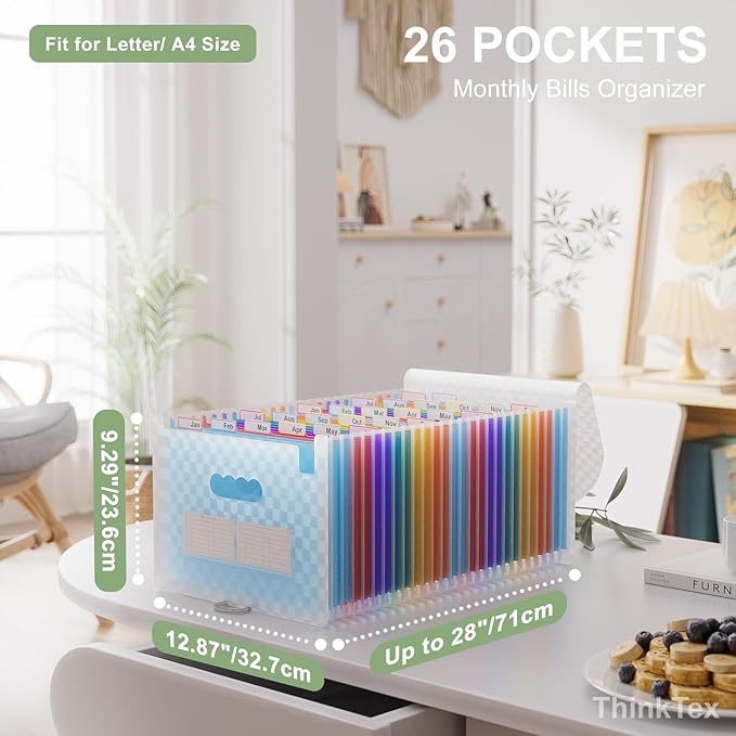 ThinkTex Accordion File Organizer, 26 Pockets Expanding File Folders, Monthly Bill Receipt Documents Organizer, A-Z Colorful Tabs, Letter/A4 Size - Blue