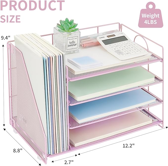 OPNCIE Desk Organizers and Accessories, 4 Tier Paper Letter Tray File Organizer, Office Organization Storage Desk Accessories Workspace Desktop Organizer for Classroom Office Supplies Decor, Pink