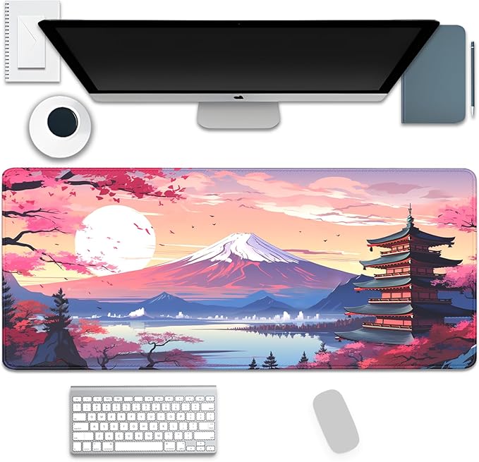 Japanese Cherry Blossoms Mouse Pad,Mount Fuji XL Mousepad Desk Pad with Stitched Edges,Non-Slip Waterproof Rubber Base Mouse Mat Desk Mat for Office Computer Keyboard Laptop Home(27.5x11.8 in)