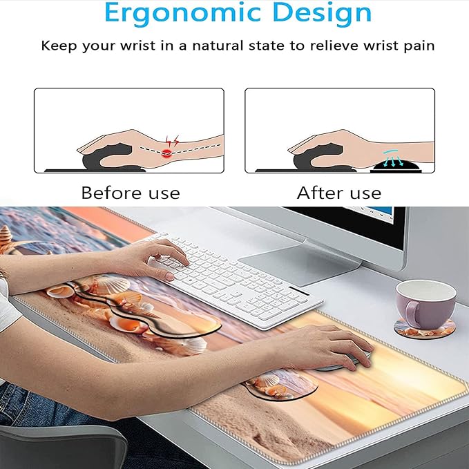 Keyboard Mouse Pad Set,Large Mouse Pad+Keyboard Wrist Rest+Wrist Support+Coaster,31.5x11.8in Extended Desk Mat for Computer Laptop Office Home-Sandy Beach Shell