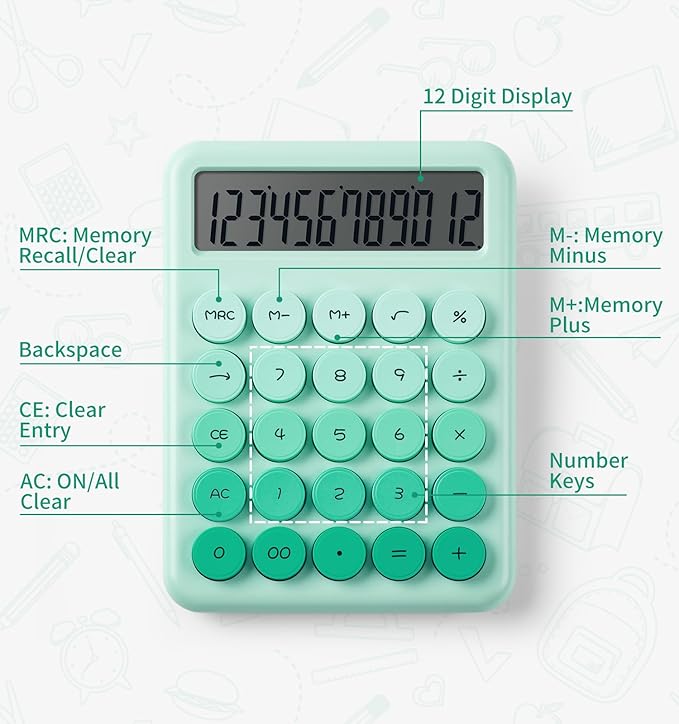 Desk Cute Green Calculator with Big Buttons, Calculators Desktop, 12 Digit with Large LCD Display, Basic Standard Calculator,Mechanical Switch Aesthetic Calculators Office Supplies for Home and School