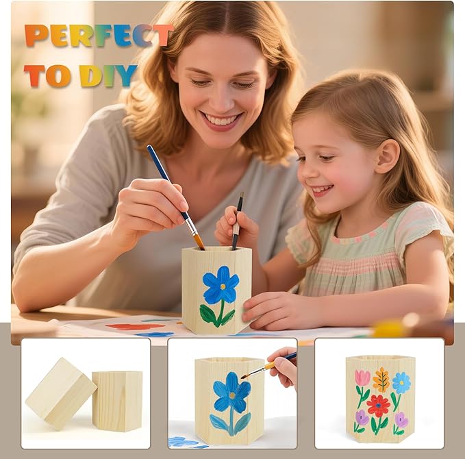 6 Pack Wood Pen Holder Unfinished Wooden Pencil Holder Pine Wood Pen Holder Stand for Desk Office Supplies Makeup Brushes Organizer (Hexagon)