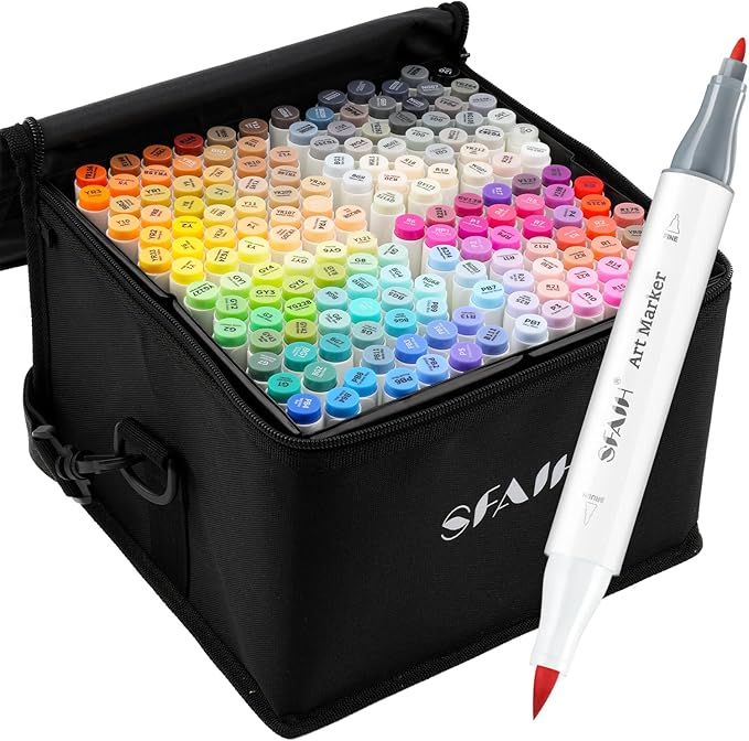 SFAIH Alcohol Markers Brush & Fine - 168 Colors Double Tipped Art Markers for Adult Coloring Illustration, Gifts for Artist Adult - Adjustable Shoulder Strap & Faux Leather Lining & Outer Zip Pocket