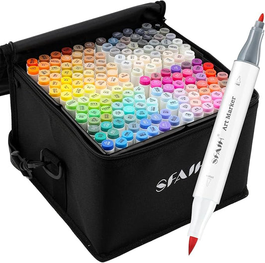 SFAIH Alcohol Markers Brush & Fine - 168 Colors Double Tipped Art Markers for Adult Coloring Illustration, Gifts for Artist Adult - Adjustable Shoulder Strap & Faux Leather Lining & Outer Zip Pocket