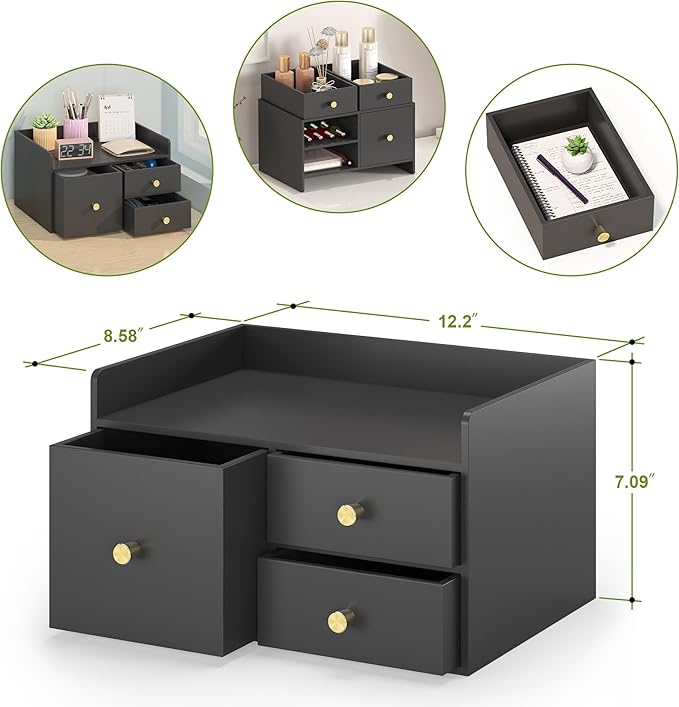 Bamboo Desk Organizer with Drawers Wooden Desktop Storage Drawers for Bills Office Supplies Kitchen Utensils Organizing Tool for Home Classroom Organization No Assembly (3 Drawer, Black)