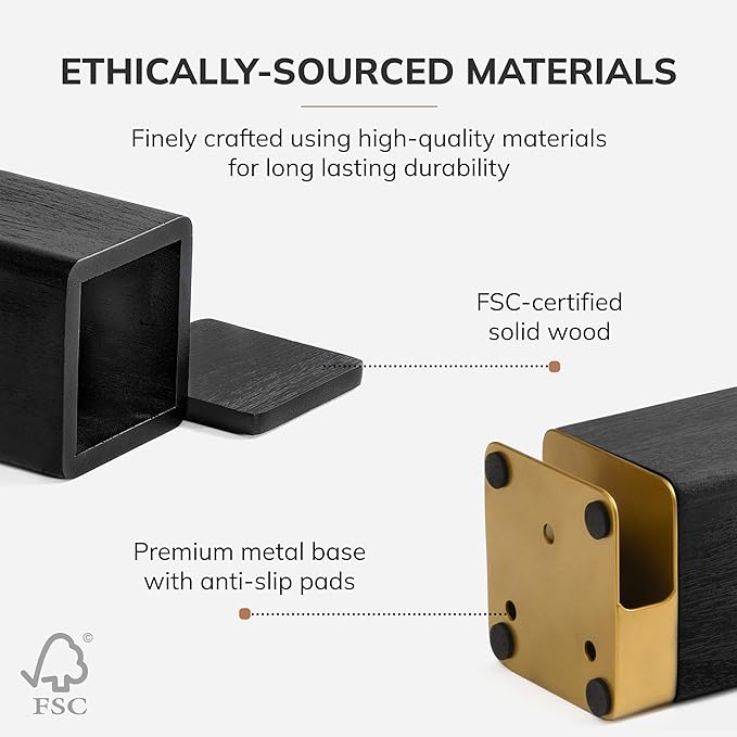 Anji Mountain Mango Wood Pen Holder with 2 Coasters, Stained Wood & Powder Coated Metal Pen Holder, Sustainable Room Decor Desk Organizer, Stylish Designer Pencil Case for Office Supplies