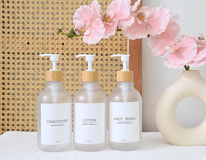 Frosted Plastic Shampoo and Conditioner Bottles, Apothecary Dispenser Bamboo Pump, Refillable Bottles for Shower Lotion, Oil, Hand Soap, Sanitizer, Liquid Soap, Set of 3 with 9 Labels (6, Matte Clear)