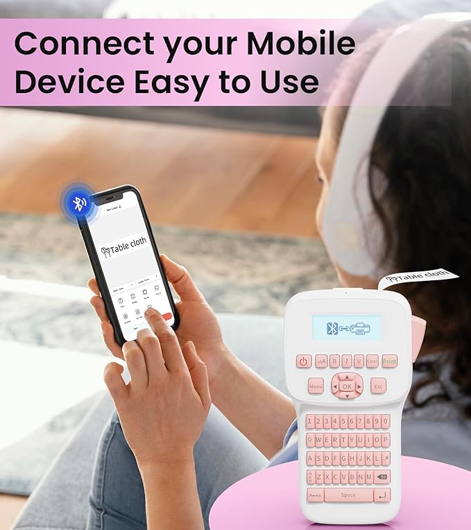 Pink Label Maker Handheld, Rechargeable Bluetooth Label Maker Waterproof-Labels, Keyboard Labeler Machine, Backlit Display, Multiple Symbol Icon Style Templates for Home Office Organization, LM1600