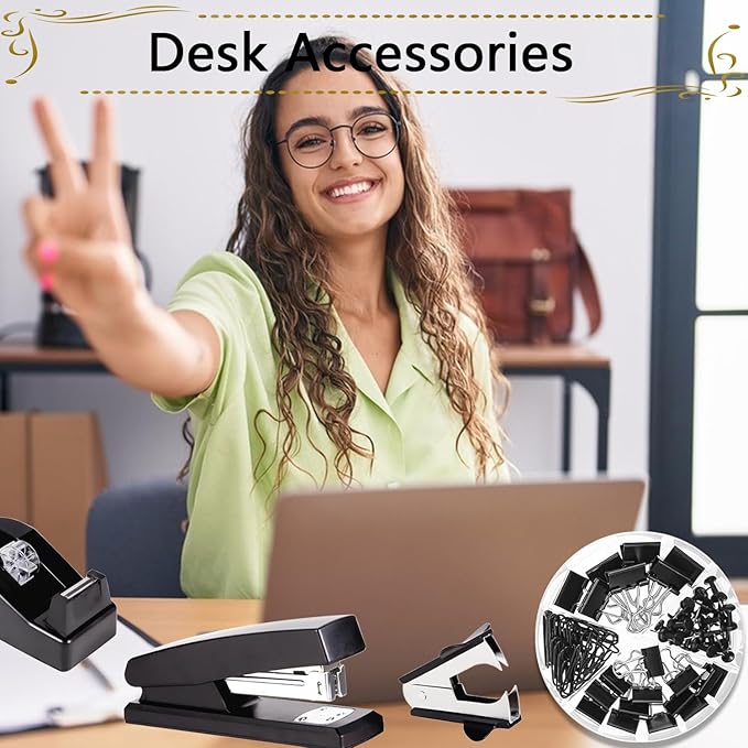 Office Supplies Set,Desk Accessories,Stapler and Tape Dispenser Set,1000 Staples,Staple Remover,Hinder Clips,Ruler,Scissor,Clear Tape,Ballpoint Pen,Sticky Notes,Gifts for Colleagues(Black)