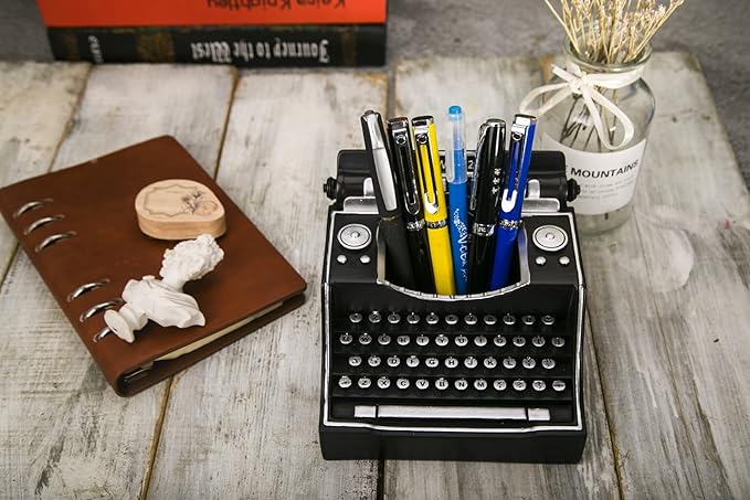 Retro Typewriter Pen Holder Vintage Desk Accssories Unique Cool Gifts for Writer Typewriter Lovers and Secretary Cute Funny Pencil Cups for Office Home School (Black)