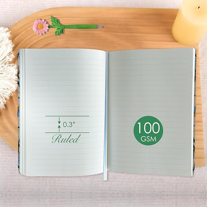 Daisy Gift, Flower Journal, Embroidered Notebook, Beautiful Journals for Women, 8"x6", Hardcover, Lay Flat, A5, Lined Paper, Wide Ruled Page, Writing Journal, Yellow Daisy, with Elastic Band